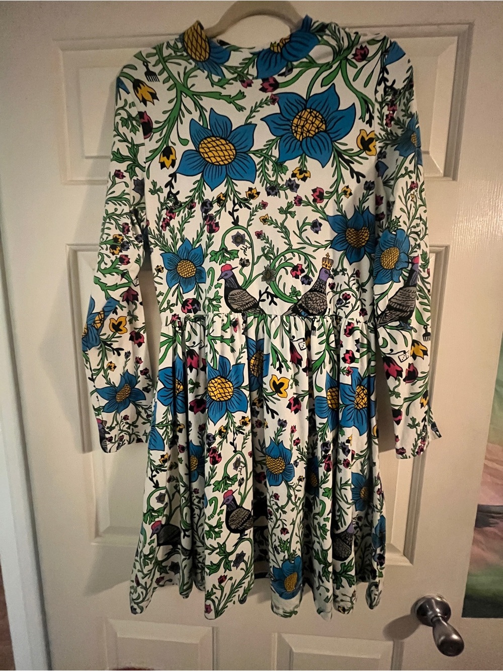 White Midi Dress with Blue Floral & Green Vine Print